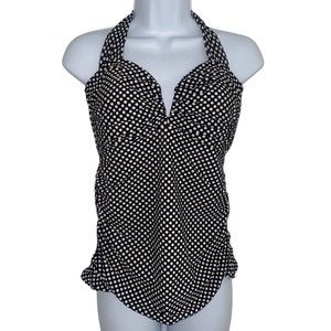 Magicsuit Black White Polka Dot Halter Tankini Top Ruched Slimming Size 10